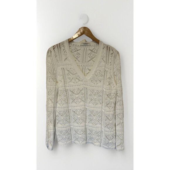 Amina Rubinacci White Crochet Knit V‎ Neck Long Sleeve Sweater Top XL Old Money - Picture 1 of 8